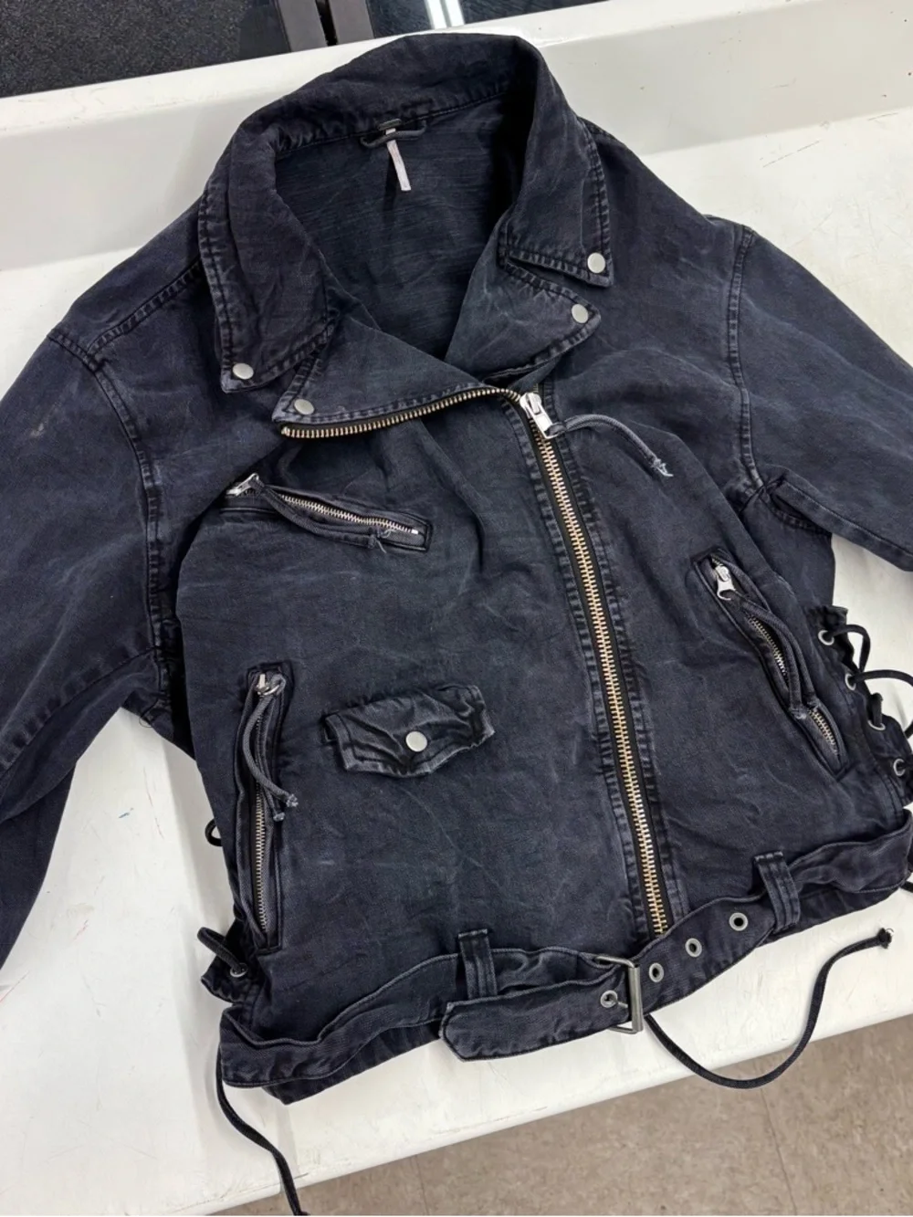 Free People Black Washed Denim Biker Jacket with Asymmetric Zip - Picture 1 of 6